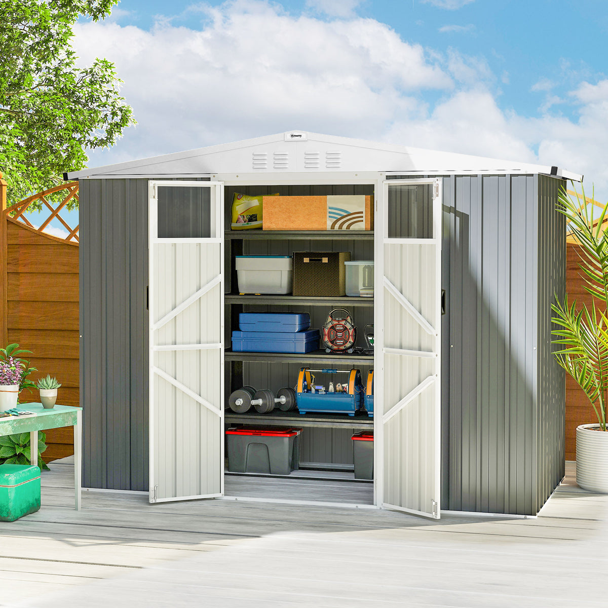 Outsunny 8 x 4 ft Metal Garden Shed, Garden Storage Shed with Window, 4 Vents and Lockable Door, Waterproof Galvanised Steel Tool Storage Shed, Light Grey