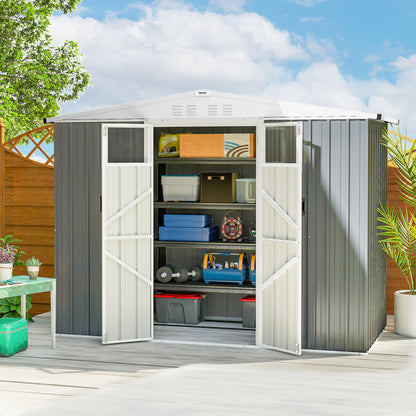 Outsunny 8 x 4 ft Metal Garden Shed, Garden Storage Shed with Window, 4 Vents and Lockable Door, Waterproof Galvanised Steel Tool Storage Shed, Light Grey