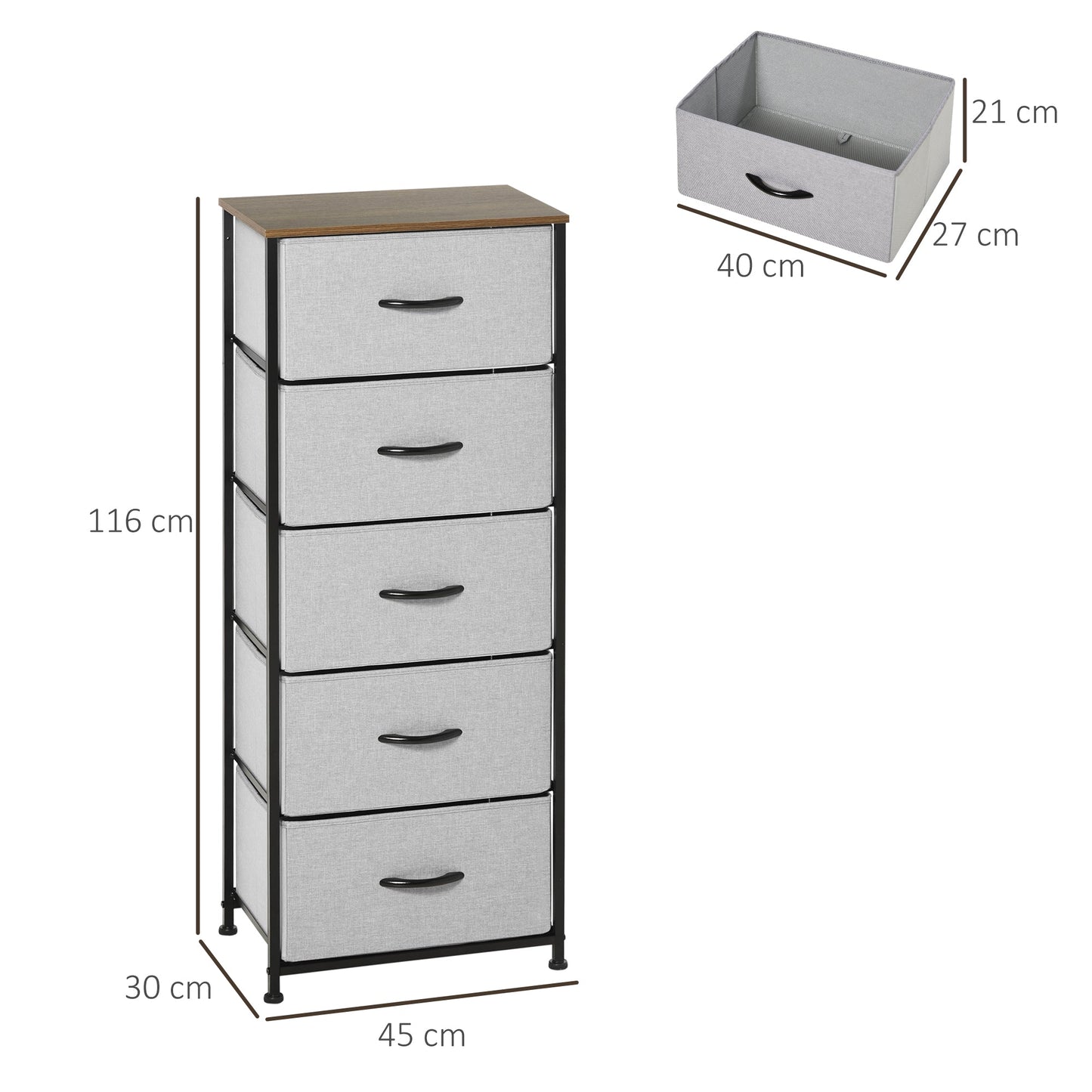HOMCOM Fabric Chest of Drawers, Industrial Bedroom Dresser with 5 Fabric Drawers, Steel Frame and Wooden Top for Nursery, Living Room, Hallway, Grey