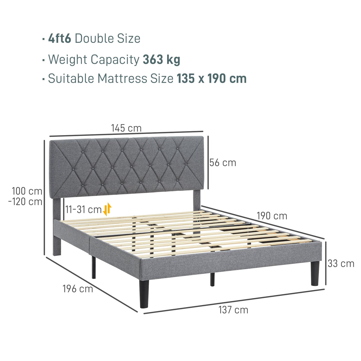 HOMCOM Double Bed Frame with 5-Level Adjustable Linen Upholstered Headboard 145W x 196D x 120Hcm, Grey