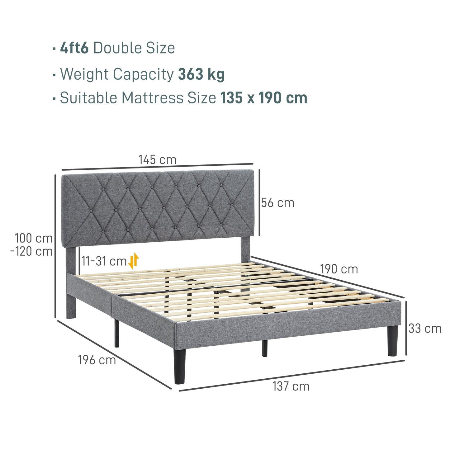 HOMCOM Double Bed Frame with 5-Level Adjustable Linen Upholstered Headboard 145W x 196D x 120Hcm, Grey