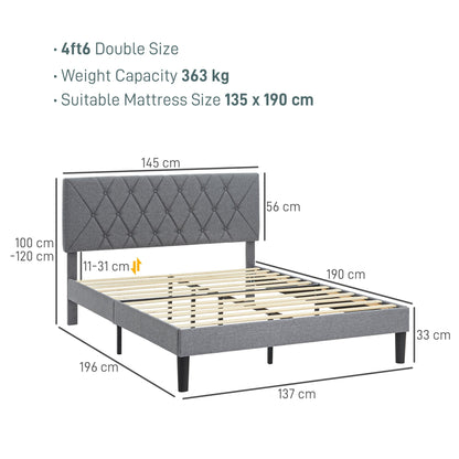 HOMCOM Double Bed Frame with 5-Level Adjustable Linen Upholstered Headboard 145W x 196D x 120Hcm, Grey