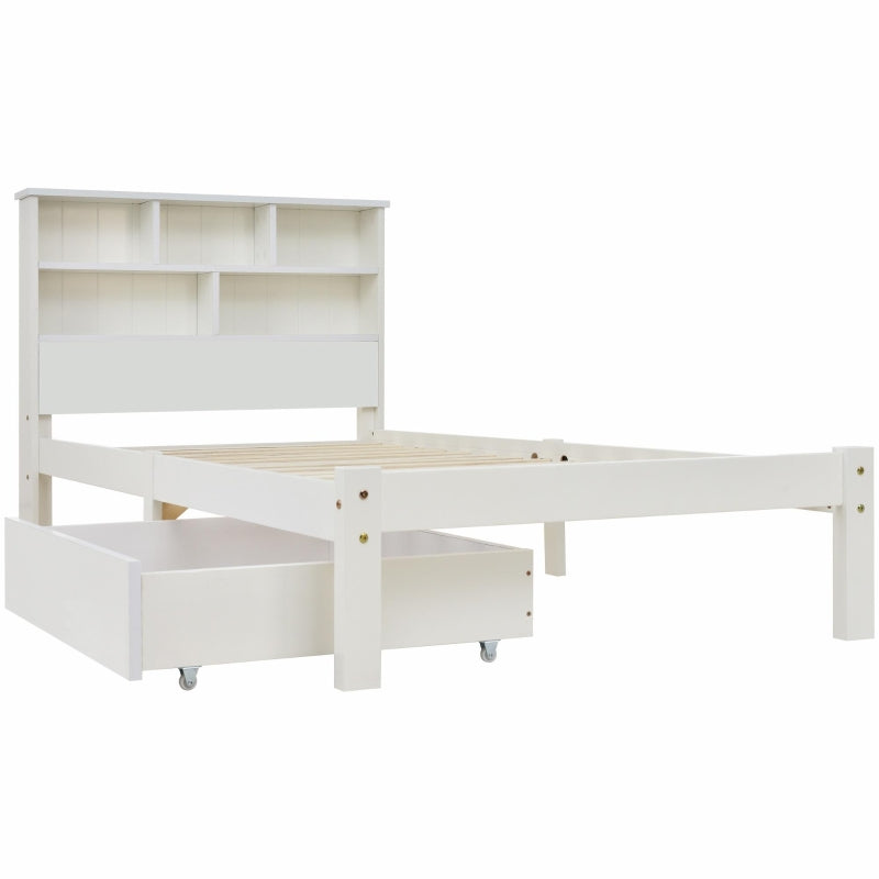 Single Wooden Storage Bed with Built-in Shelves and Underbed Drawer, Pinewood and MDF, for Adults, Kids, Teenagers, 208x100x93 cm, White