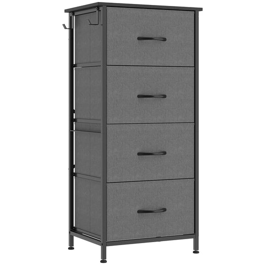 HOMCOM Chest of Drawers, Dresser with 4 Fabric Drawers, 4 Pockets, 2 Hooks and Steel Frame, Storage Unit, Grey