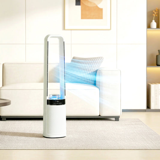 HOMCOM Bladeless Tower Fan, 36dB Standing Cooling Fan with Oscillating, LED Lights, 3 Speeds, 12H Timer, Remote Control