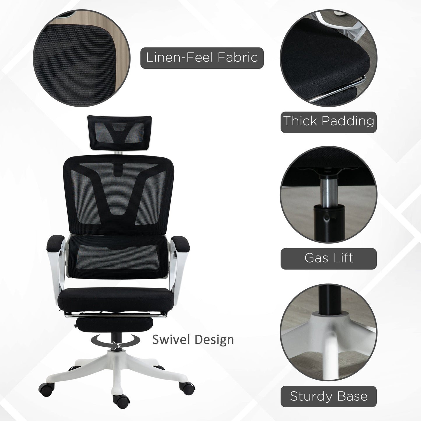 Vinsetto Ergonomic Office Chair, High Back Desk Chair, Reclining Mesh Computer Chair with Adjustable Headrest, Lumbar Support, Foot Rest, Swivel Wheels, Adjustable Height, Black