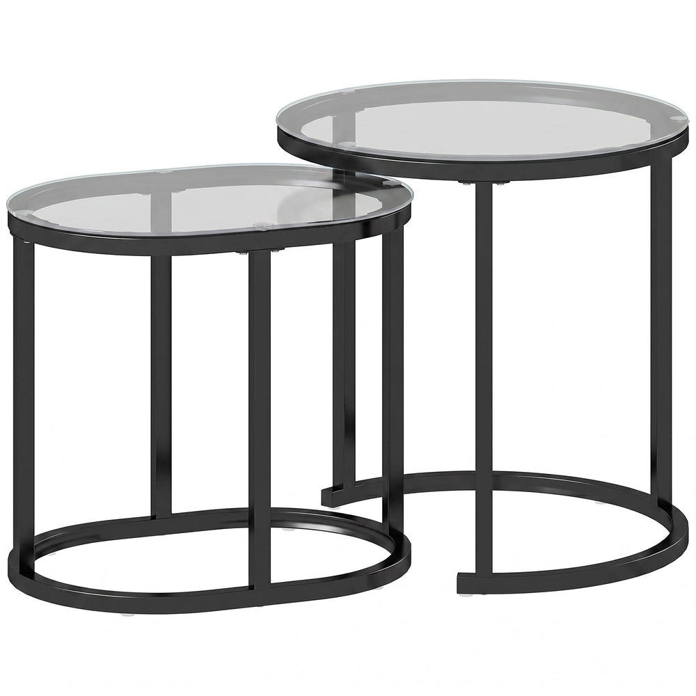 HOMCOM Nest of Tables with Steel Frame and Tempered Glass Tabletop, Modern Coffee Table Set of 2, Black