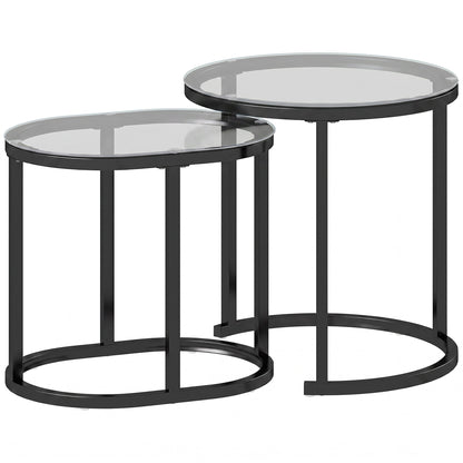 HOMCOM Nest of Tables with Steel Frame and Tempered Glass Tabletop, Modern Coffee Table Set of 2, Black