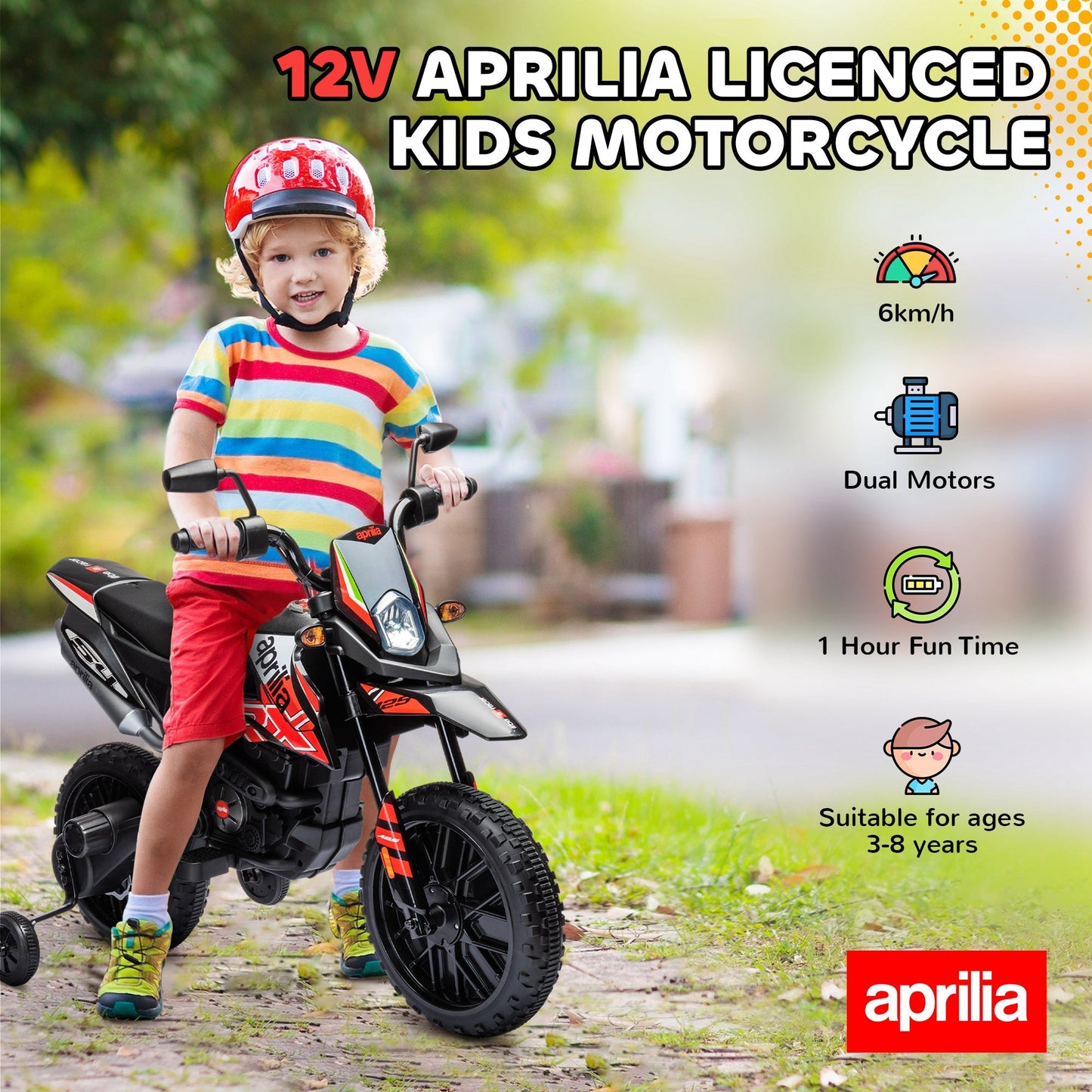 AIYAPLAY 12V Aprilia Licensed Kids Motorbike with Training Wheels, Spring Suspension, LED Headlight, USB, Music, Red/Black