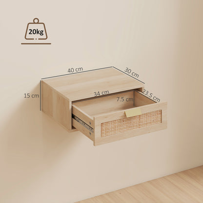 HOMCOM Floating Bedside Tables Set of 2, Wall Mounted Bedside Cabinets with Rattan Drawer and Wood Effect, Oak