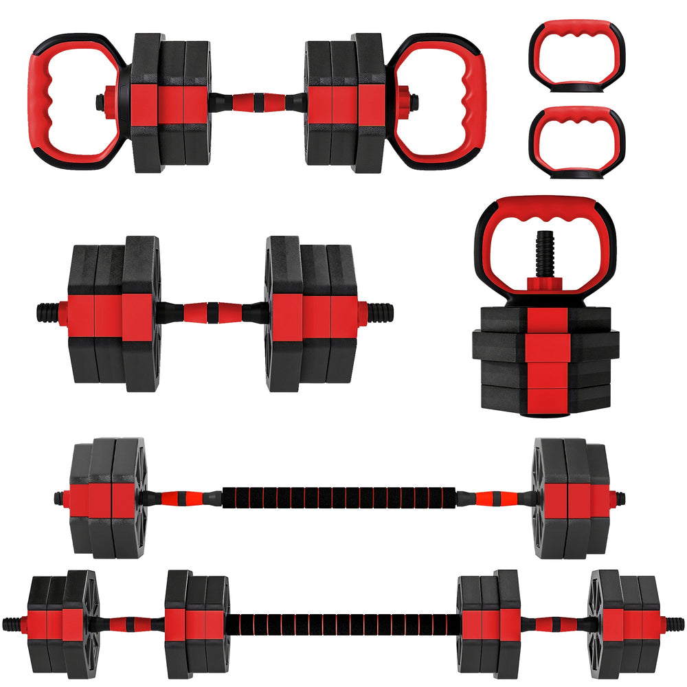 SPORTNOW 6-in-1 Adjustable Weight Dumbbells Set, Used as Kettlebell, Barbell, Dumbbell, Push-Up Stand, 20kg Free Weights Set for Men and Women Home Gym Training, Red