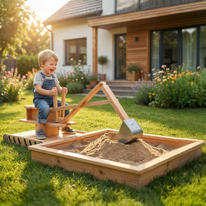 AIYAPLAY Wooden Sand Pit with Digger, Kids Sandbox Outdoor, SandPit with 360Â° Swivel Seat and Bottom Liner
