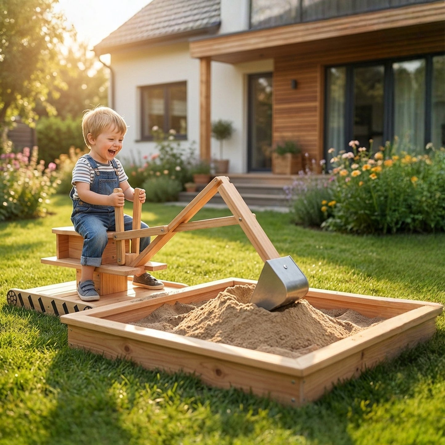 AIYAPLAY Wooden Sand Pit with Digger, Kids Sandbox Outdoor, SandPit with 360 degrees Swivel Seat and Bottom Liner
