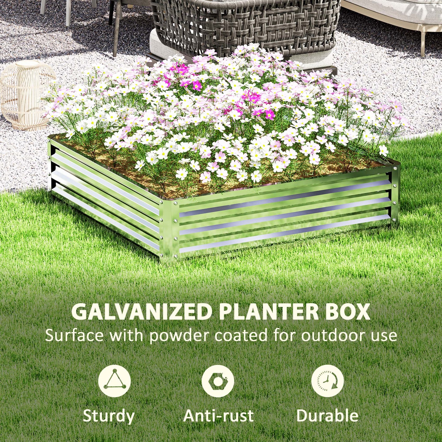Outsunny Square Raised Garden Bed Box with Weatherized Steel Frame for Vegetables, Flowers, & Herbs, 120 x 120 x 30cm, Silver Tone