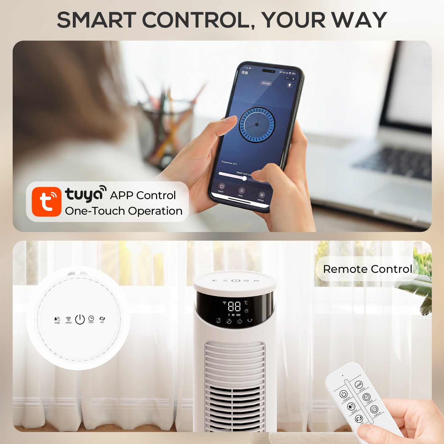 HOMCOM Tower Fan with WiFi Control Standing Floor Fan with Remote Control 116 cm White