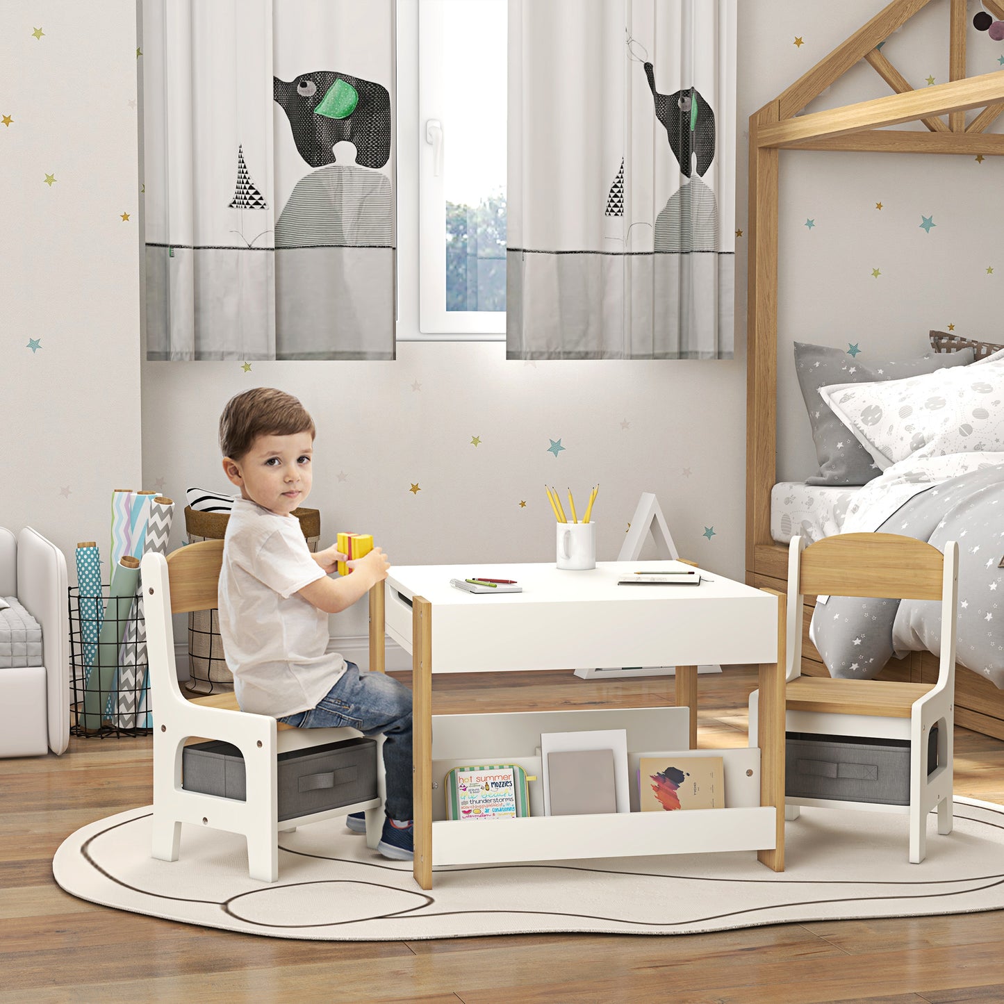 HOMCOM Three-Piece Kids Table and Chair Set with Blackboard, Storage, Bookshelves - Natural Wood