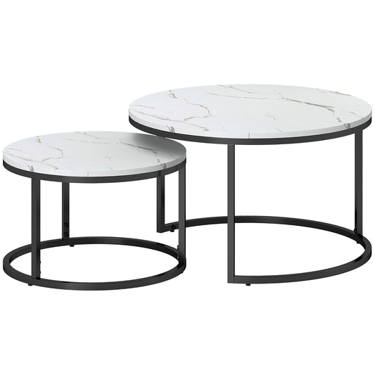 HOMCOM Set of Two Marble-Effect Stacking Tables - Black/White