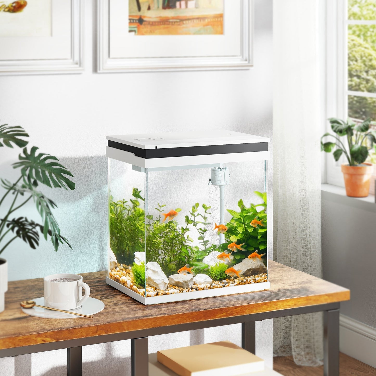 PawHut 14L Glass Fish Tank With Filter System, LED Lights, Water Pump, White