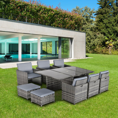 11 Piece Rattan Garden Furniture Patio Dining Set 10-seater Cube Sofa Weave Wicker 6 Chairs 4 Footrests & 1 Table Mixed Grey