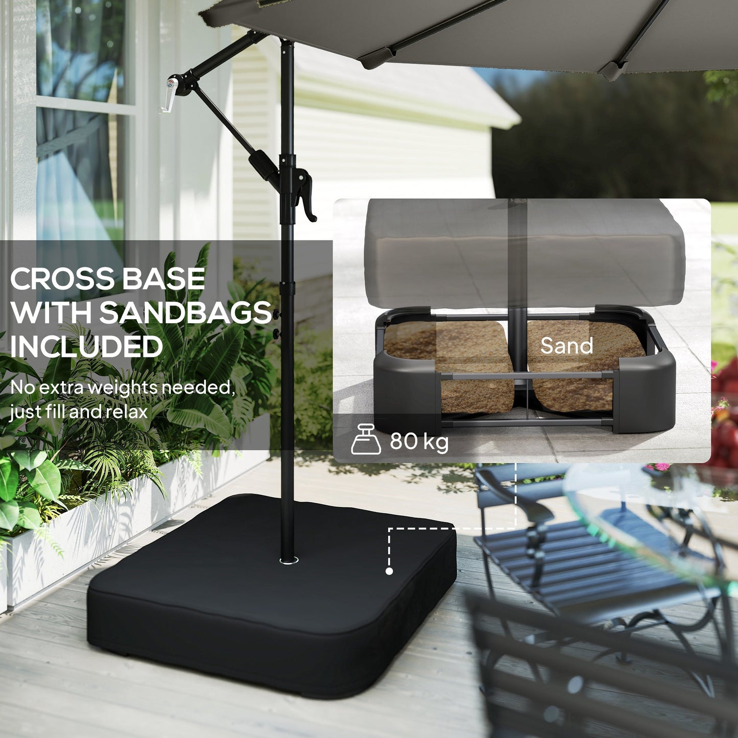 Outsunny 3 m Garden Cantilever Parasol with Cross Base, Sandbag, 360 degrees Rotating Overhanging Banana Umbrella, Grey