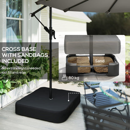 Outsunny 3 m Garden Cantilever Parasol with Cross Base, Sandbag, 360 degrees Rotating Overhanging Banana Umbrella, Grey