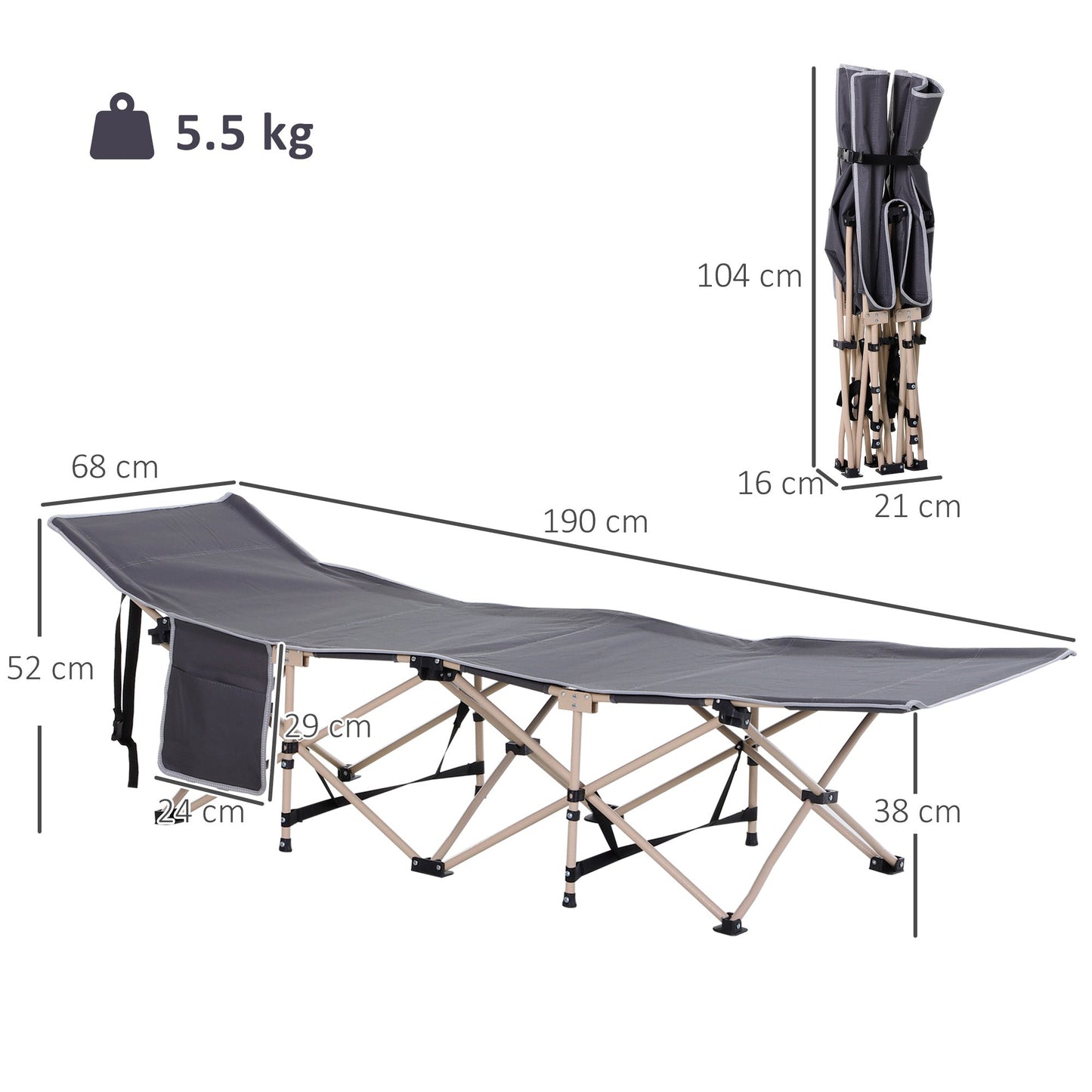 Outsunny Single Steel Frame Portable Camping Cot, with Carry Bag - Grey
