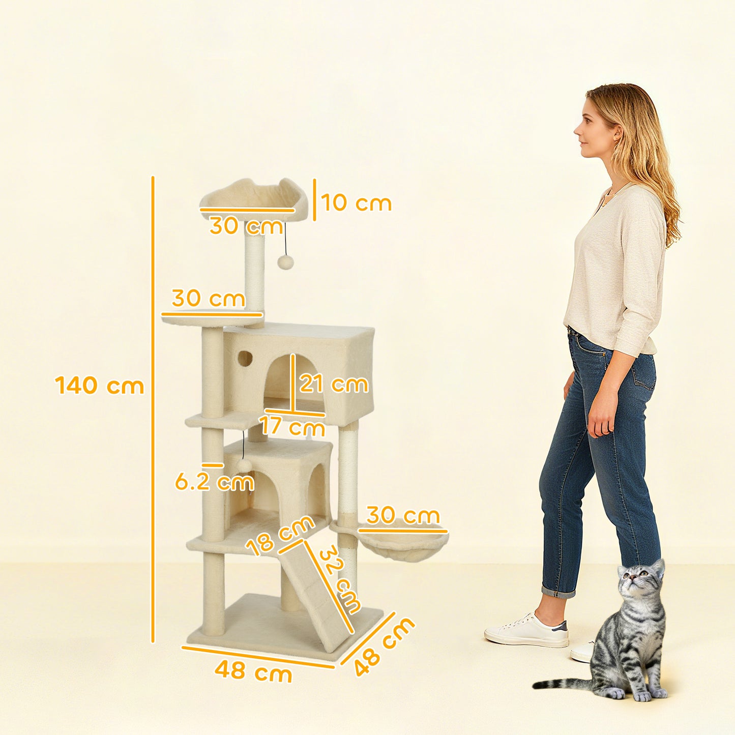 PawHut 140cm Large Cat Tree Tower with Sisal Scratching Posts, Plush Perches, Hammock, Beige