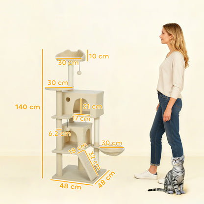 PawHut 140cm Large Cat Tree Tower with Sisal Scratching Posts, Plush Perches, Hammock, Beige