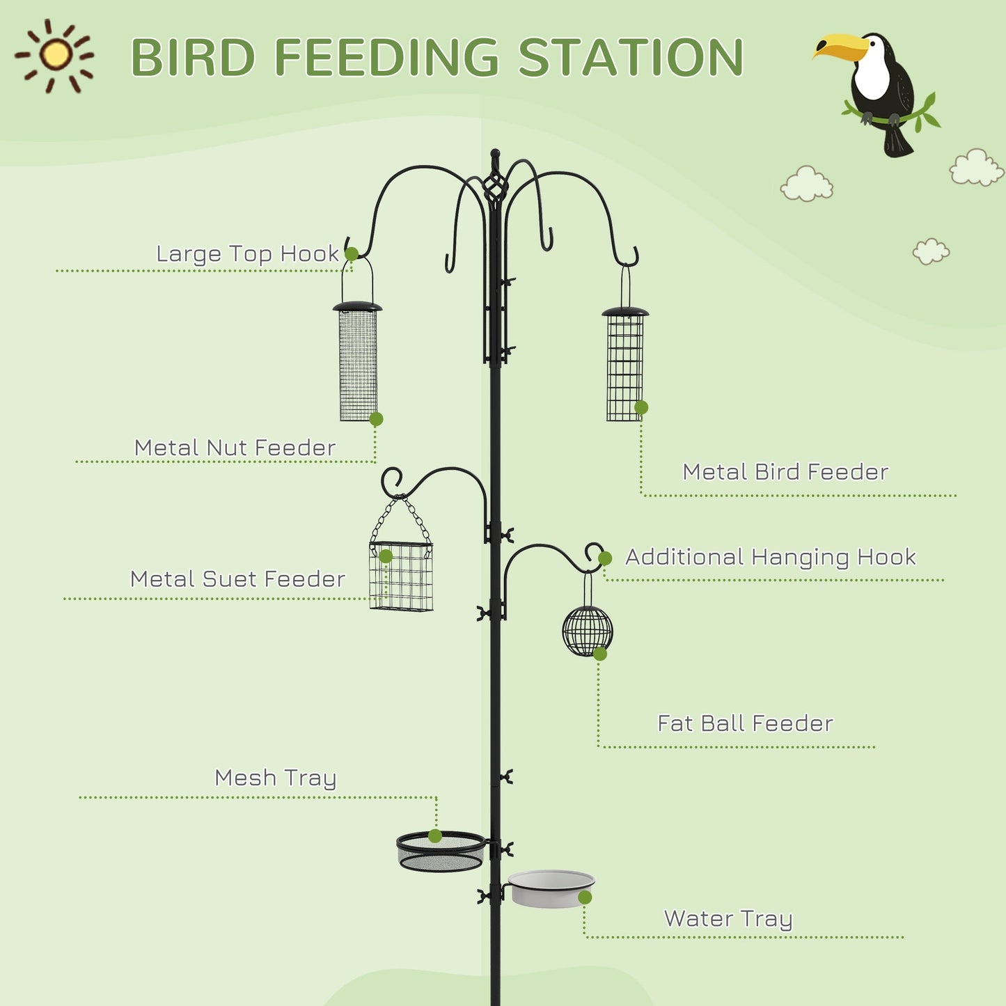 Pawhut Bird Feeding Station Kit, Wild Bird Feeder Pole with 6 Hooks, 4 Hanging Feeders for Peanuts, Seed, Fat Balls, for Garden, Outdoor, Black