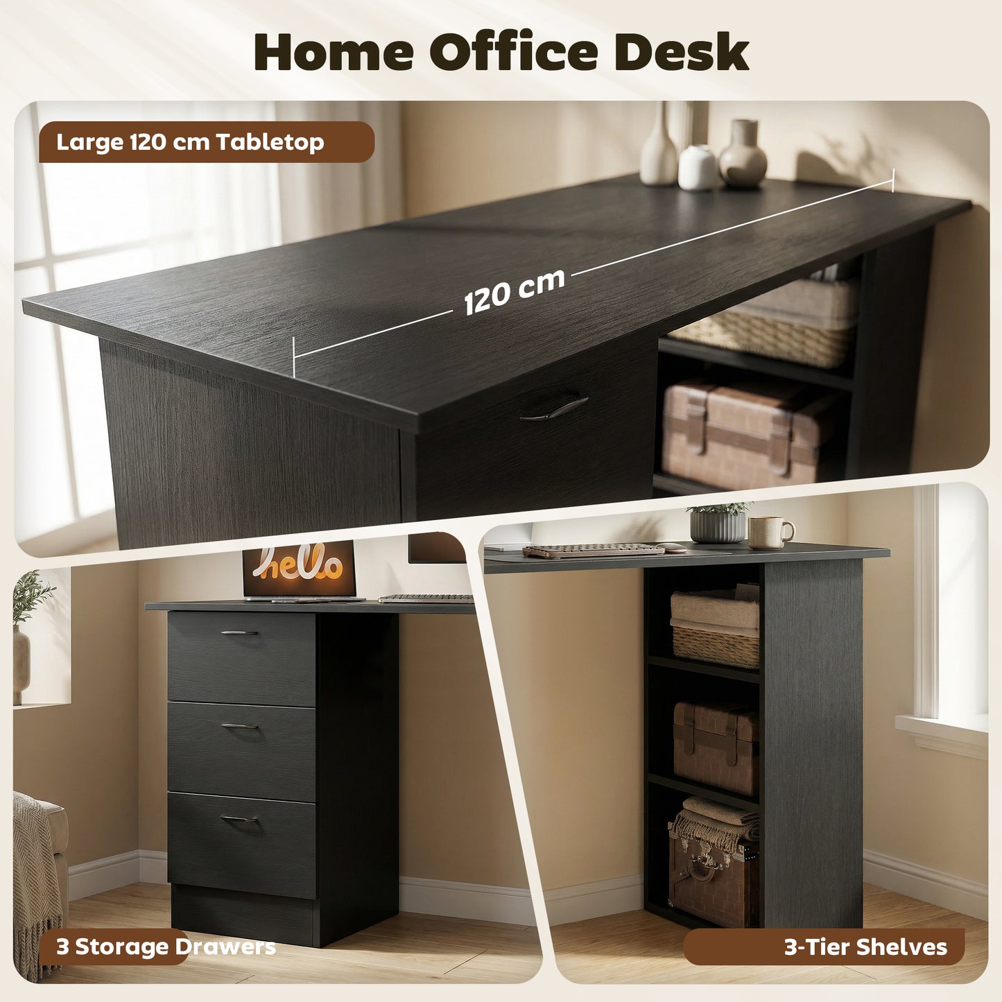 HOMCOM Computer Desk, Writing Table, PC Workstation with 3 Storage Shelves and Drawers, Handle, for Home Office, Black