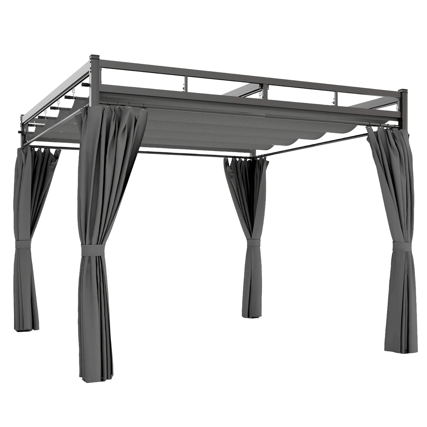 Outsunny 3 x 3 m Pergola with Retractable Roof Canopy and Curtains, UPF30+ Metal Frame Garden Pergola Gazebo Sun Shade, Dark Grey
