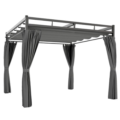 Outsunny 3 x 3 m Pergola with Retractable Roof Canopy and Curtains, UPF30+ Metal Frame Garden Pergola Gazebo Sun Shade, Dark Grey