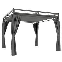 Outsunny 3 x 3 m Pergola with Retractable Roof Canopy and Curtains, UPF30+ Metal Frame Garden Pergola Gazebo Sun Shade, Dark Grey