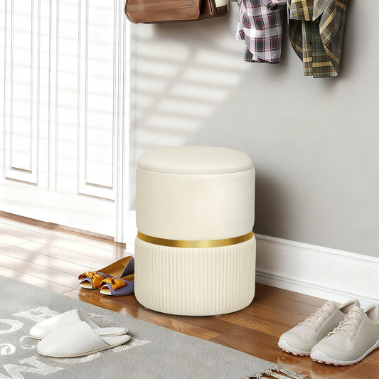 HOMCOM Round Storage Stool, Velvet-feel Fabric Upholstered Vanity Stool with Removable Top, Padded Seat and Hidden Space, Beige