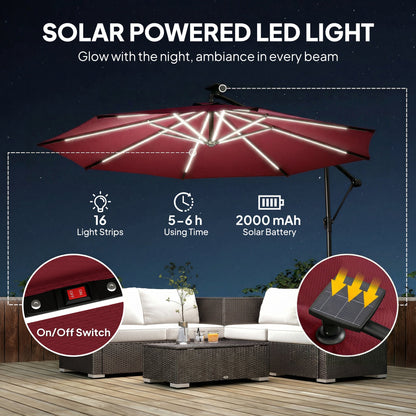 Outsunny 3 m Garden Cantilever Parasol with LED Solar Light, Round Overhanging Umbrella with 360 degrees Rotation, Cover, Wine Red