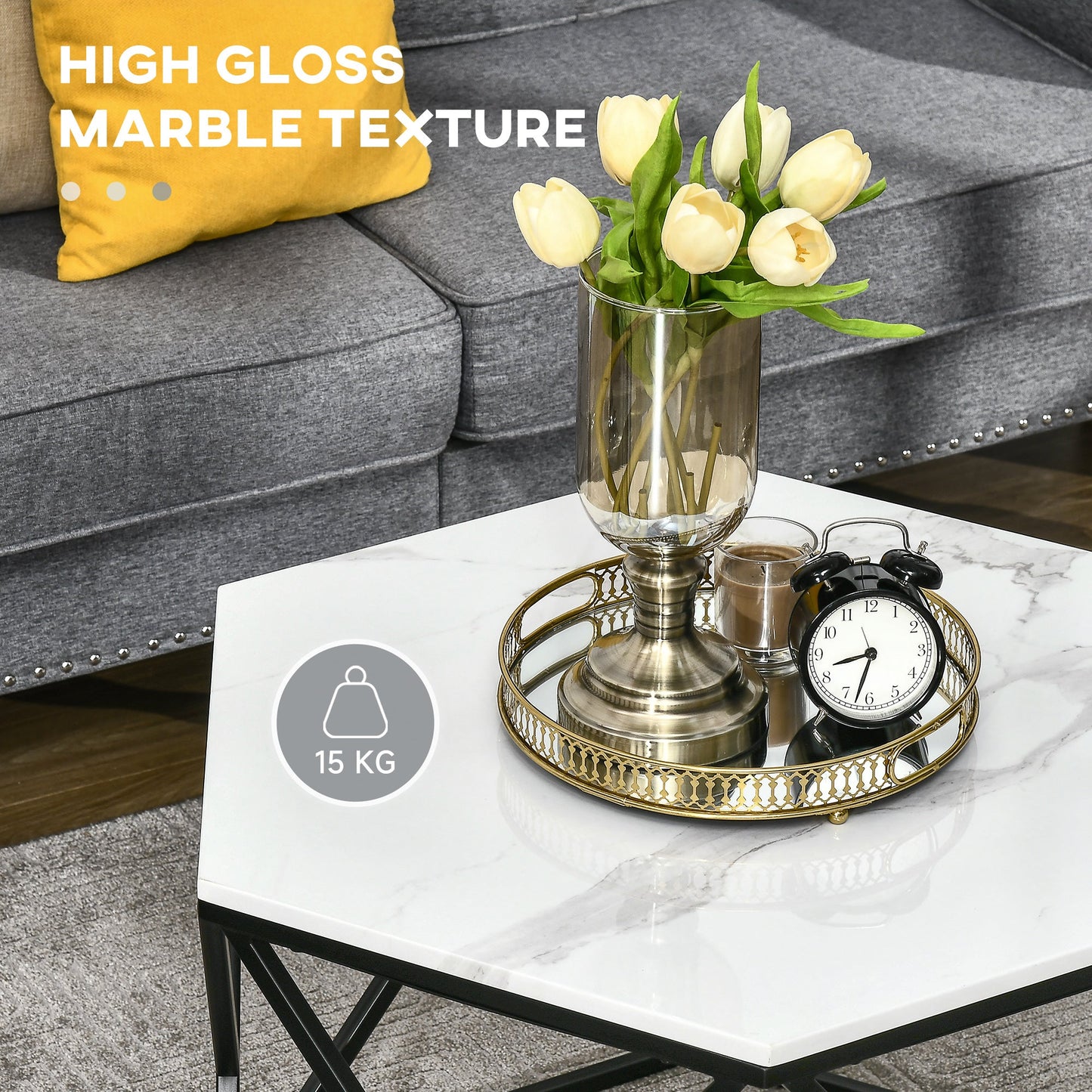 Coffee Table with High Gloss Marble Tabletop, Modern Cocktail Table with Steel Frame for Living Room, White