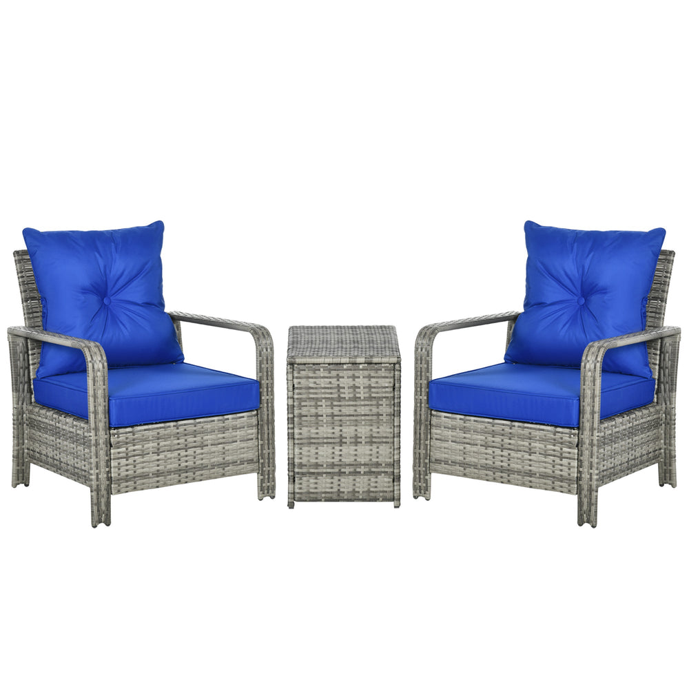Outsunny 3 Pieces Rattan Bistro Set, Wicker Garden Furniture Set with Storage Coffee Table and Chairs, Thickened Cushions for Outdoor, Patio, Balcony, Blue