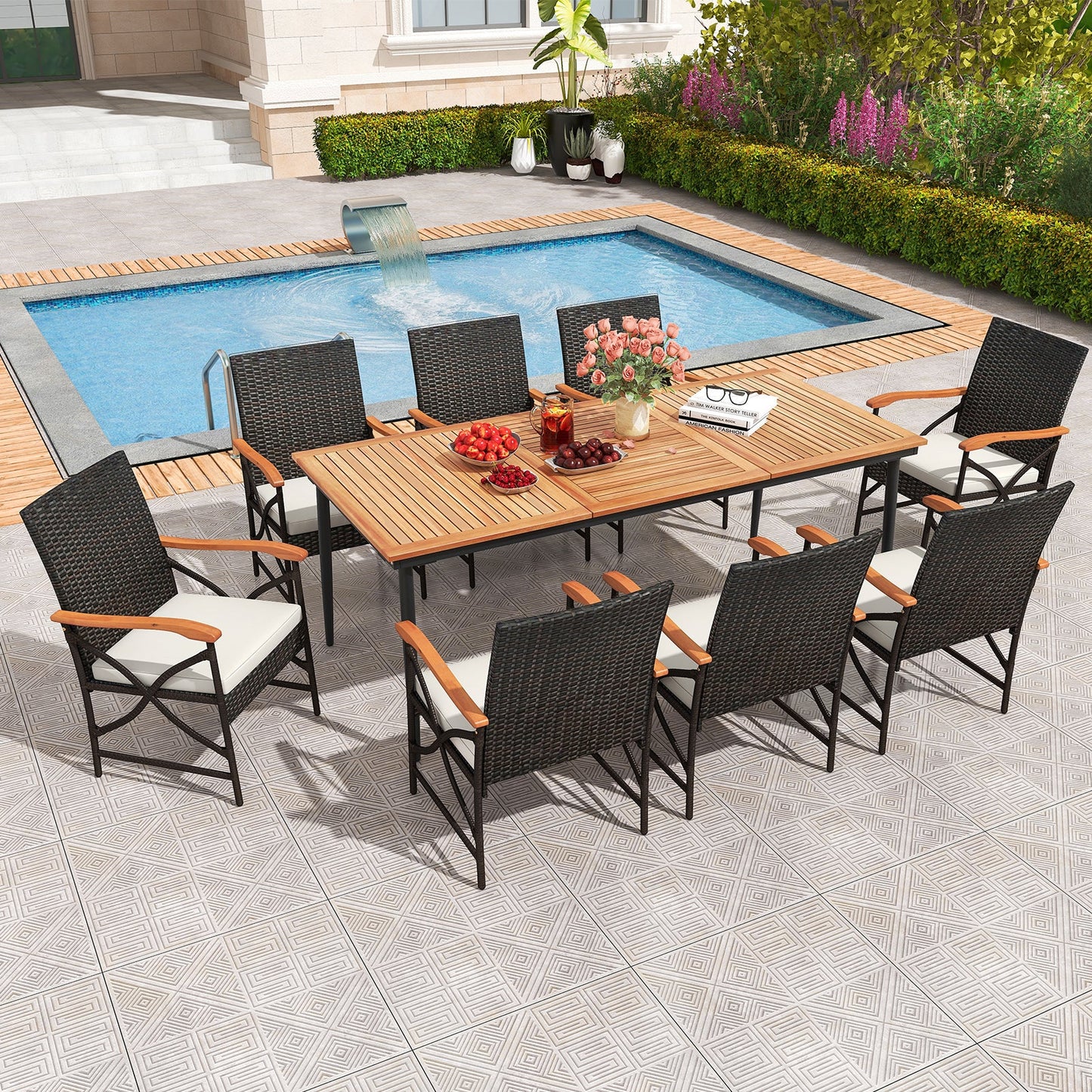 9-Piece Patio Dining Set with Acacia Wood Table and 8 Rattan-woven Chairs