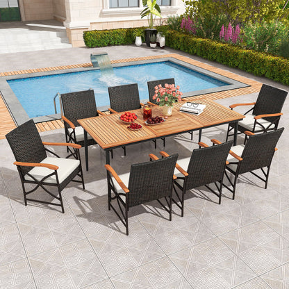 9-Piece Patio Dining Set with Acacia Wood Table and 8 Rattan-woven Chairs