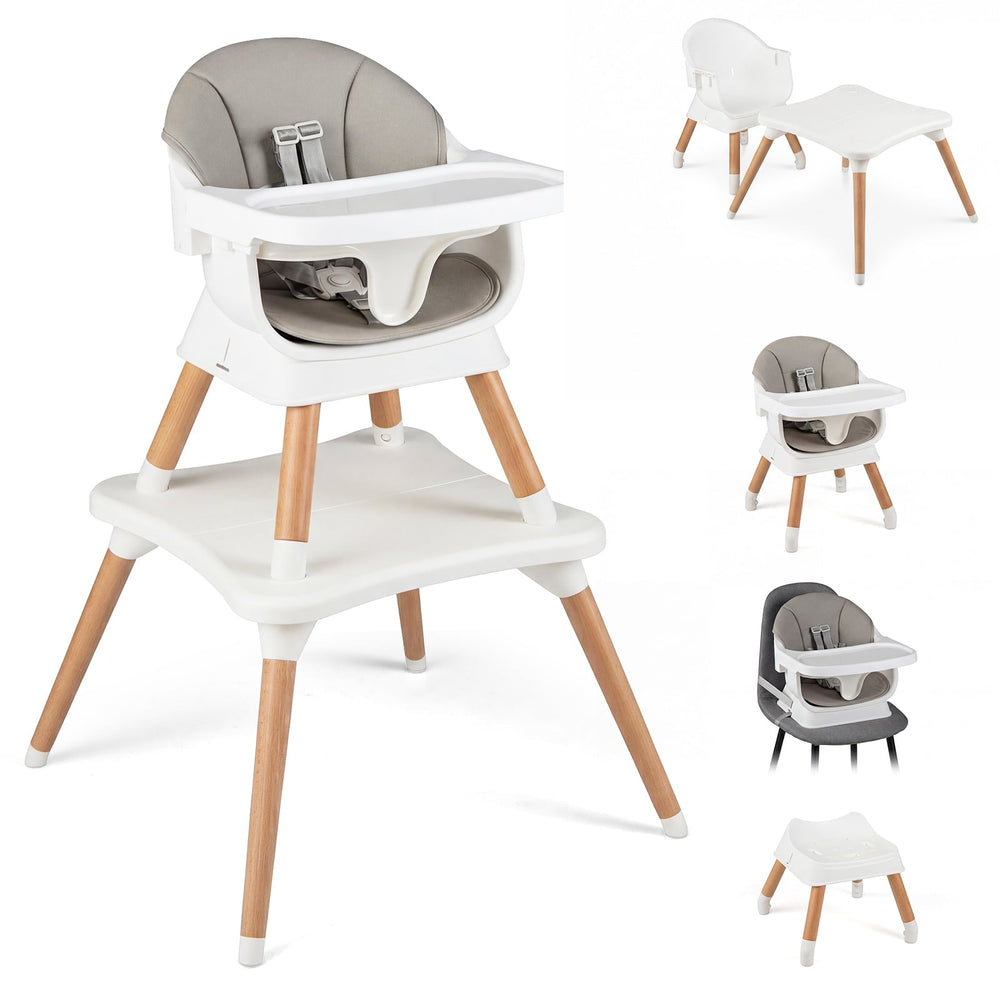9-in-1 Convertible High Chair with Solid Wood Legs and Harness for Babies-Grey