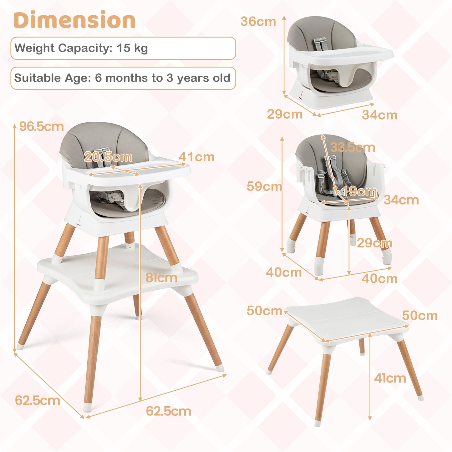 9-in-1 Convertible High Chair with Solid Wood Legs and Harness for Babies-Grey