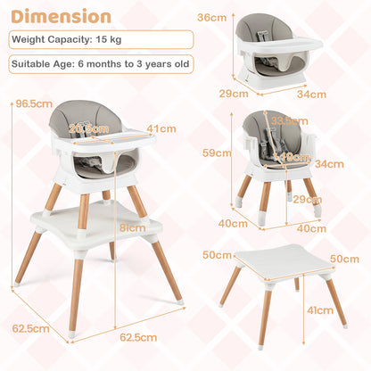 9-in-1 Convertible High Chair with Solid Wood Legs and Harness for Babies-Grey