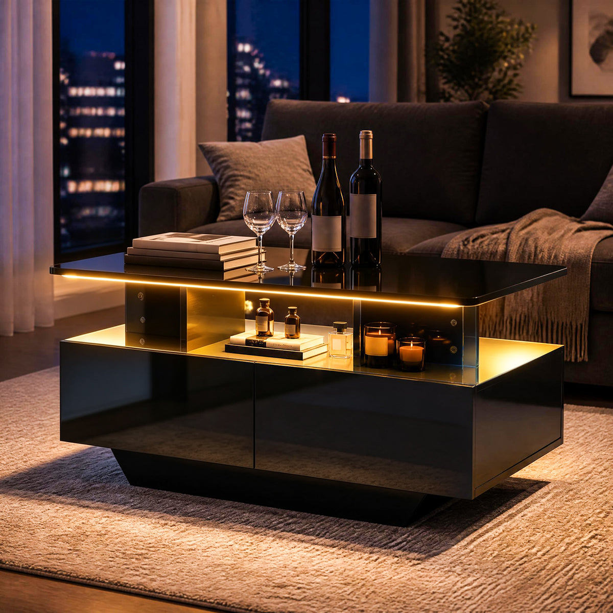 90 CM High LED Coffee Table with 2 Storage Drawers and 20-Color LED Lights-Black