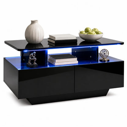 90 CM High LED Coffee Table with 2 Storage Drawers and 20-Color LED Lights-Black