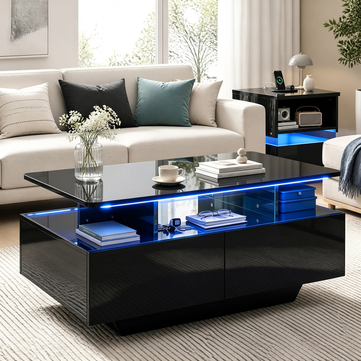 90 CM High LED Coffee Table with 2 Storage Drawers and 20-Color LED Lights-Black