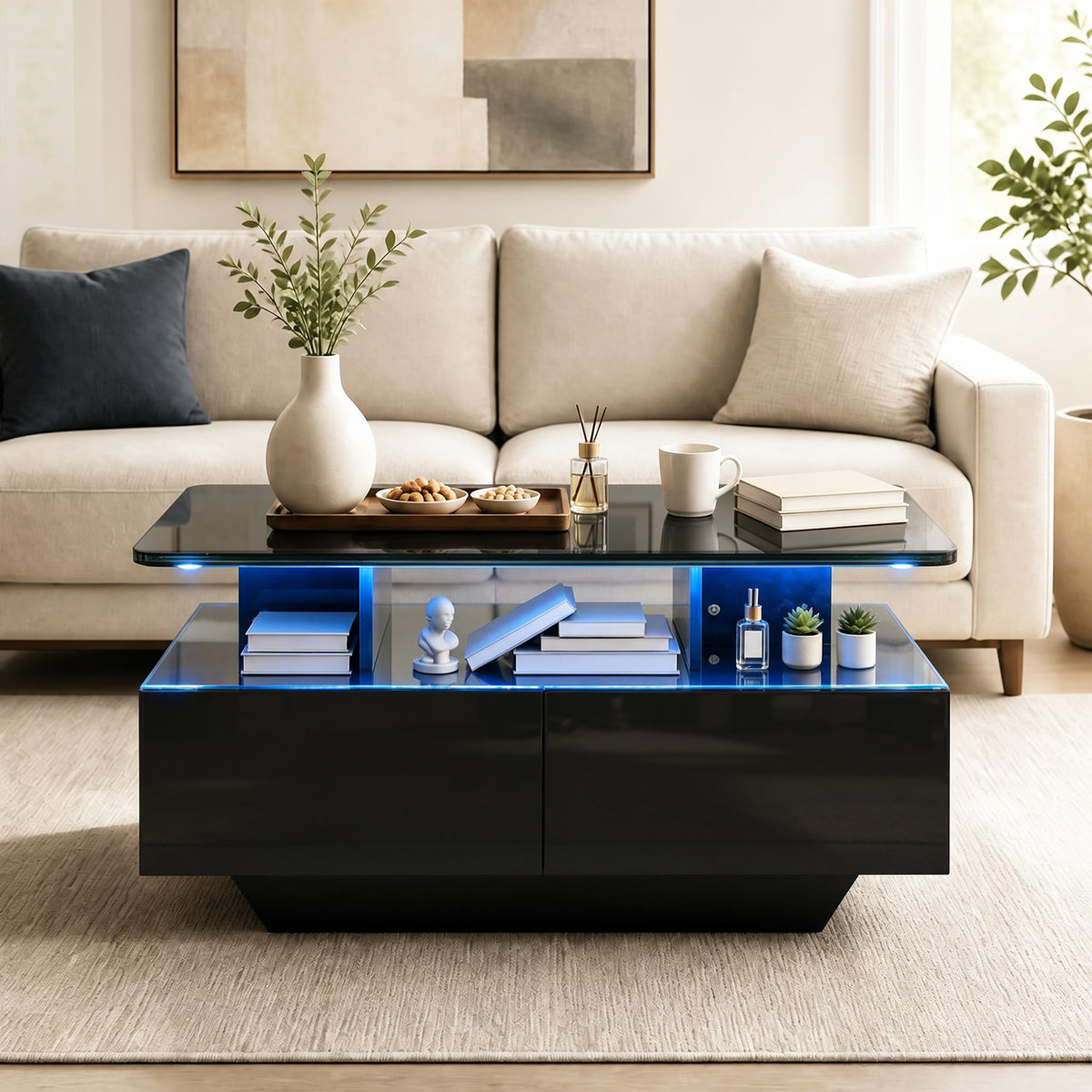 90 CM High LED Coffee Table with 2 Storage Drawers and 20-Color LED Lights-Black