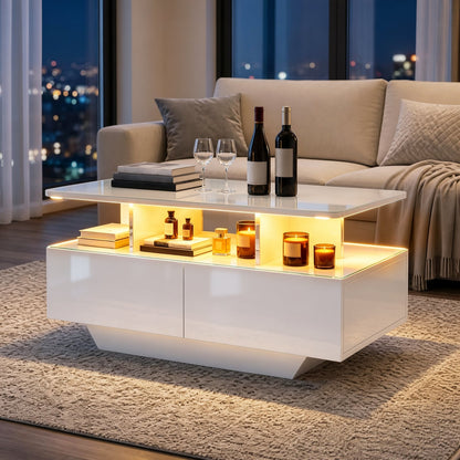 90 CM High LED Coffee Table with 2 Storage Drawers and 20-Color LED Lights-White