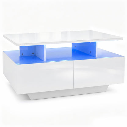 90 CM High LED Coffee Table with 2 Storage Drawers and 20-Color LED Lights-White