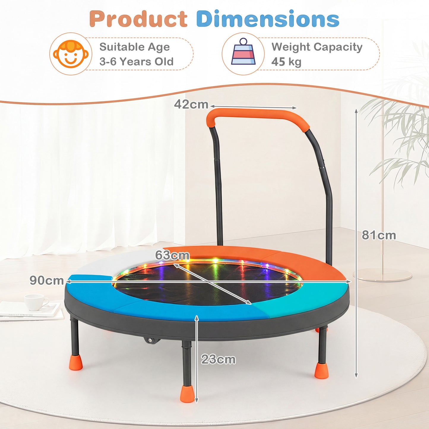 90 cm Folding  Mini Trampoline for Kids with Lights and Padded Safety Cover-Multicolor
