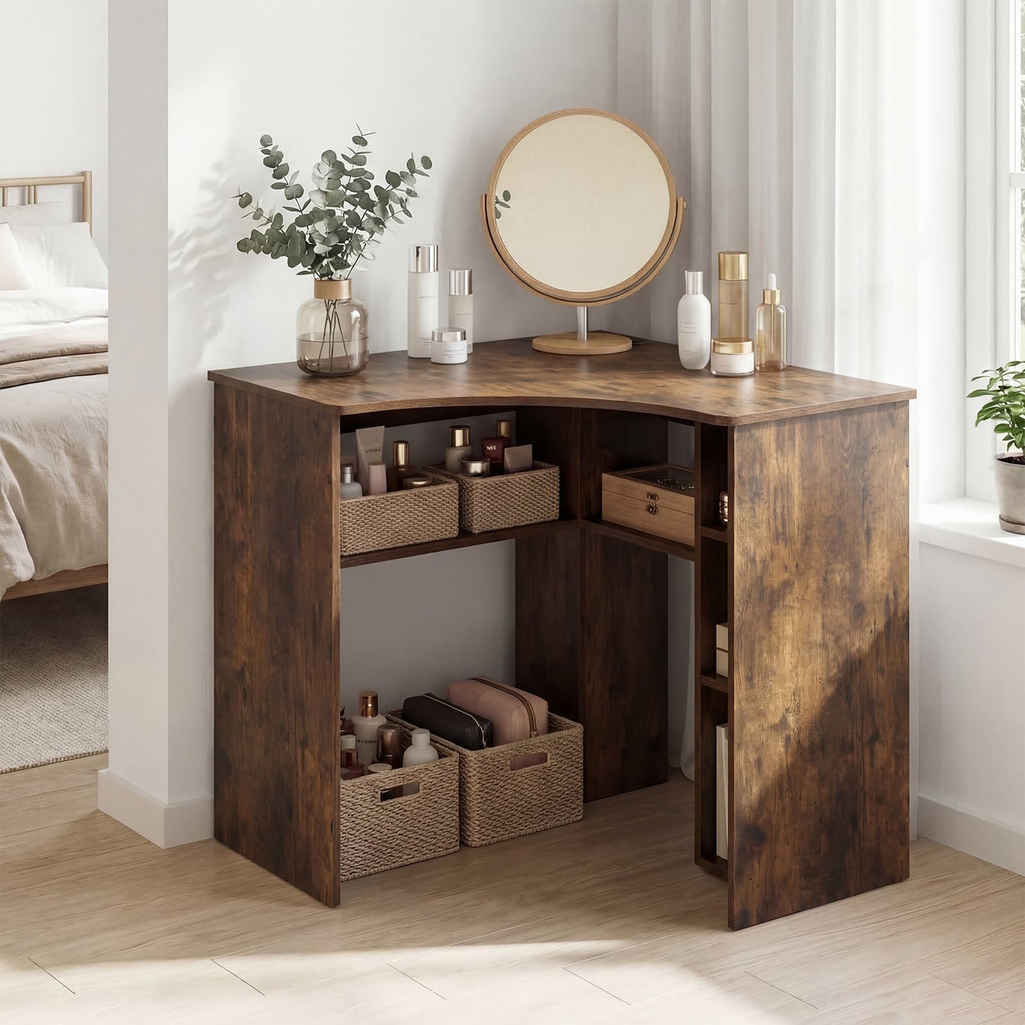 90-degree Triangle Computer Desk with Open Storage Shelves-Rustic Brown